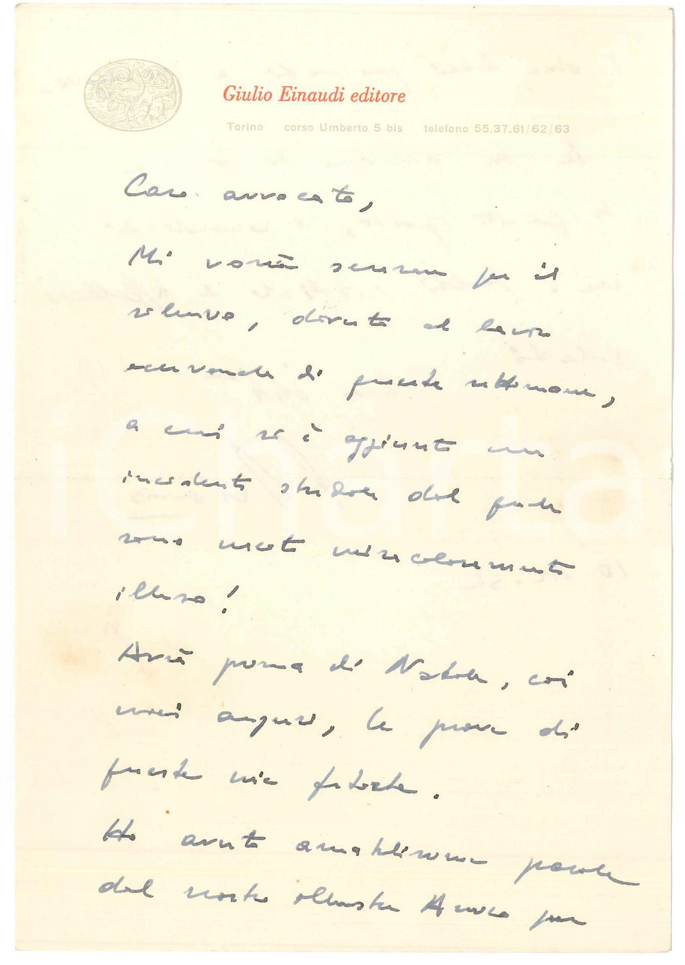 Autografo originale 1952 TORINO Giulio EINAUDI illeso in un incidente stradale Autografo 1