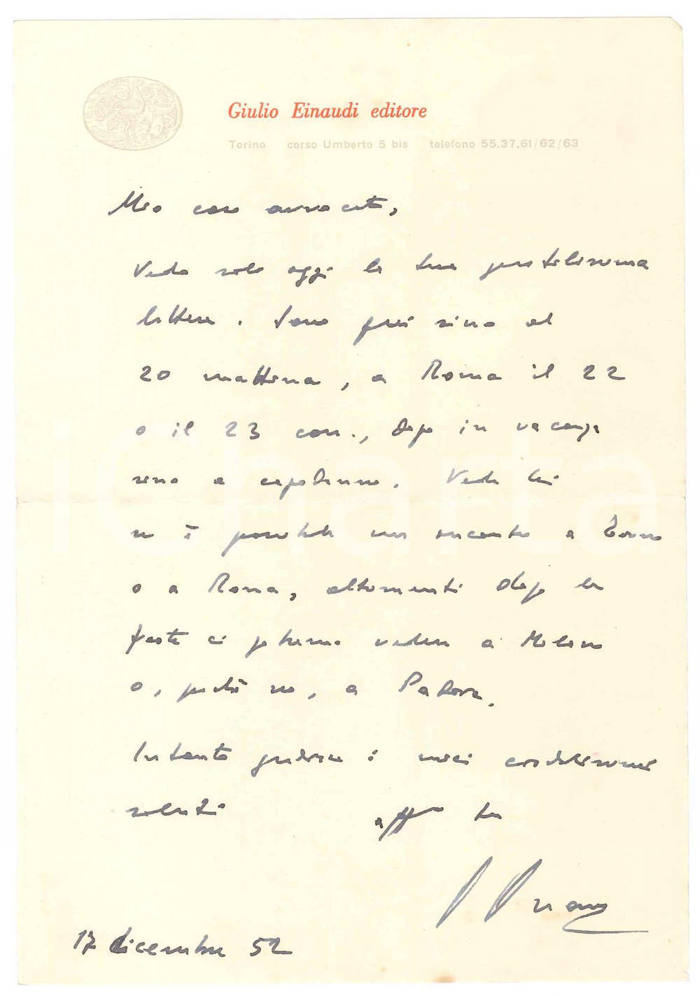 Autografo originale 1952 TORINO Giulio EINAUDI concorda appuntamento con un amico Autografo 1