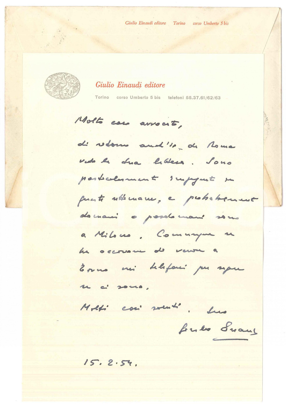 1953 TORINO Lettera Giulio EINAUDI in viaggio tra Roma e Milano *Autografo