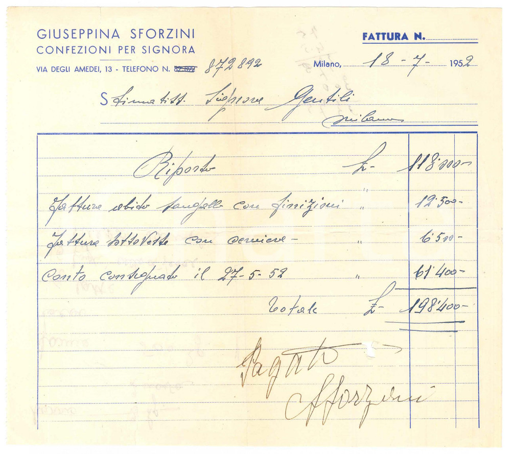 1952 MILANO via Amedei 16 - Giuseppina SFORZINI Confezioni per signora - Fattura Fattura manoscritta, su carta intestata.PAGINE: 1  POOR/danneggiato piegature d'epoca, con piccolo strappo centrale  originale e autentica 1