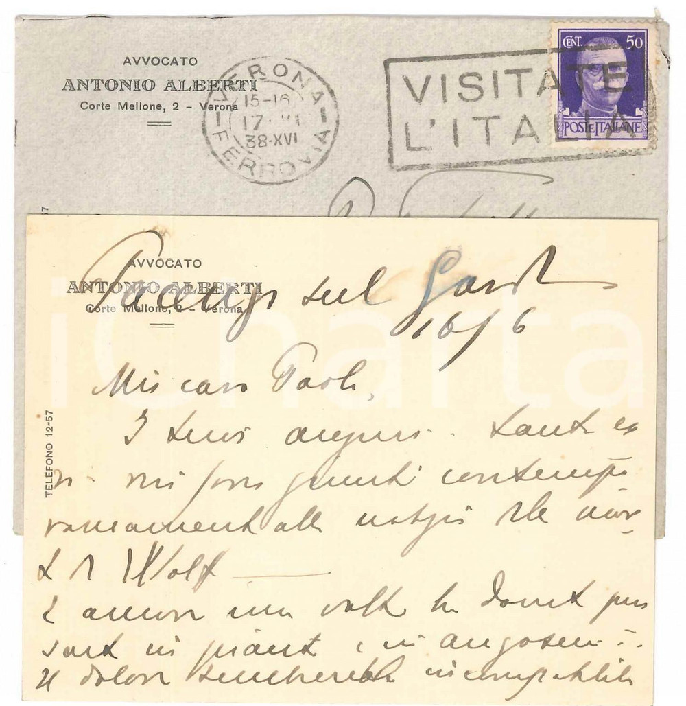 Autografo originale 1938 VERONA Avv. Antonio ALBERTI  Biglietto auguri AUTOGRAFO 1