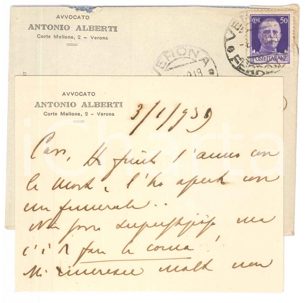 Autografo originale 1939 VERONA Avv. Antonio ALBERTI  Biglietto inizio anno AUTOGRAFO 1