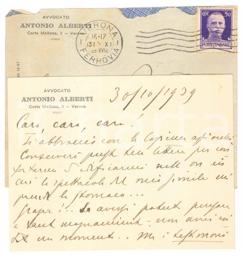 Autografo originale 1939 VERONA Avv. Antonio ALBERTI  Biglietto lutto  AUTOGRAFO 1