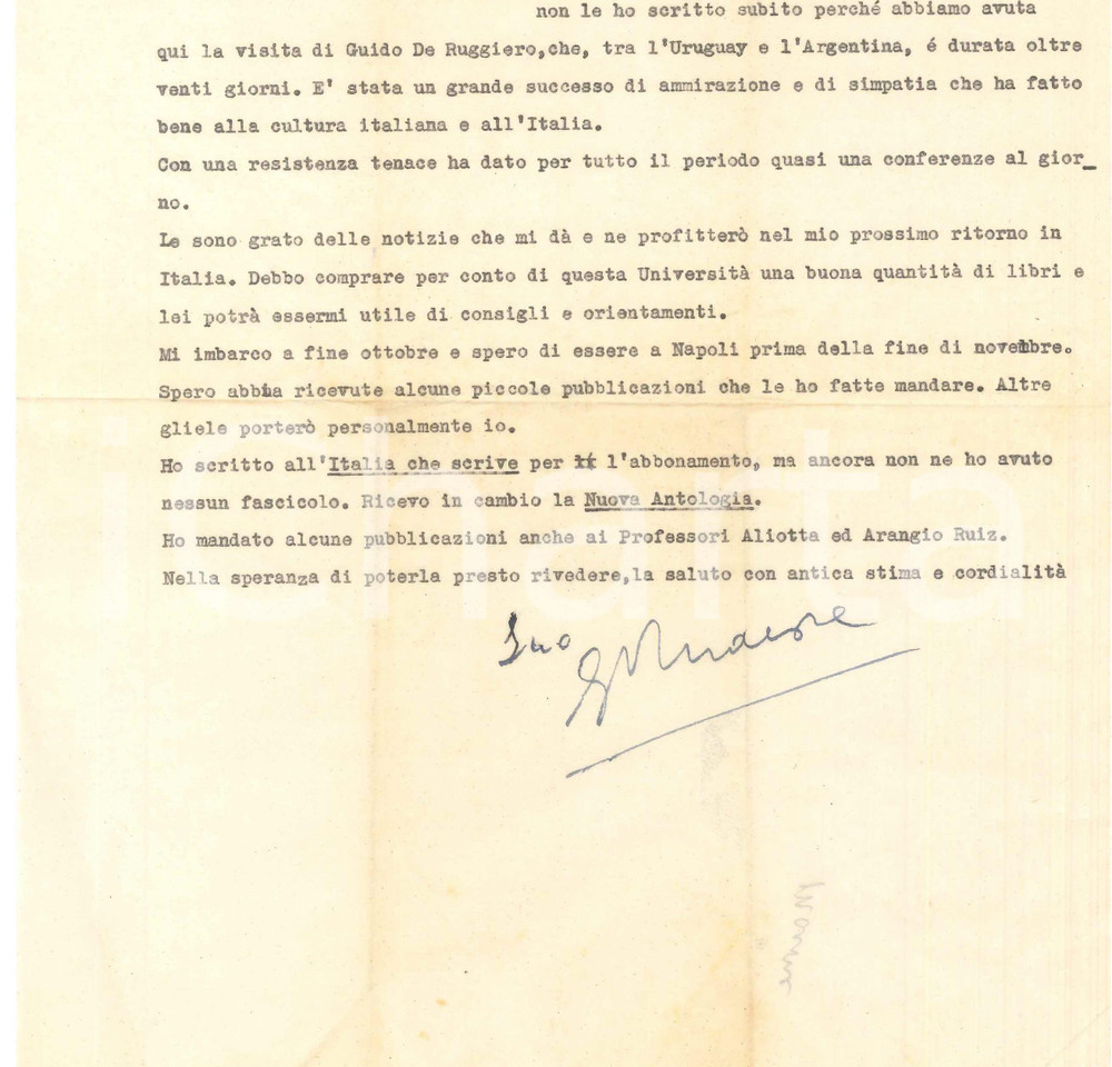 Autografo originale 1946 BUENOS AIRES Lettera Gherardo MARONE su rientro in Italia  AUTOGRAFO 1