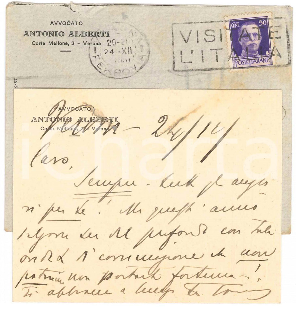 Autografo originale 1939 VERONA Avv. Antonio ALBERTI  Biglietto auguri Natale  AUTOGRAFO 1