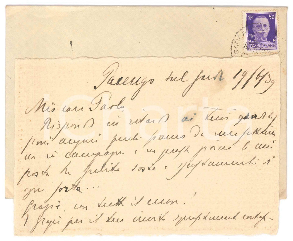 Autografo originale 1939 PACENGO VR Biglietto Antonio ALBERTI per auguri ricevuti  Autografo 1