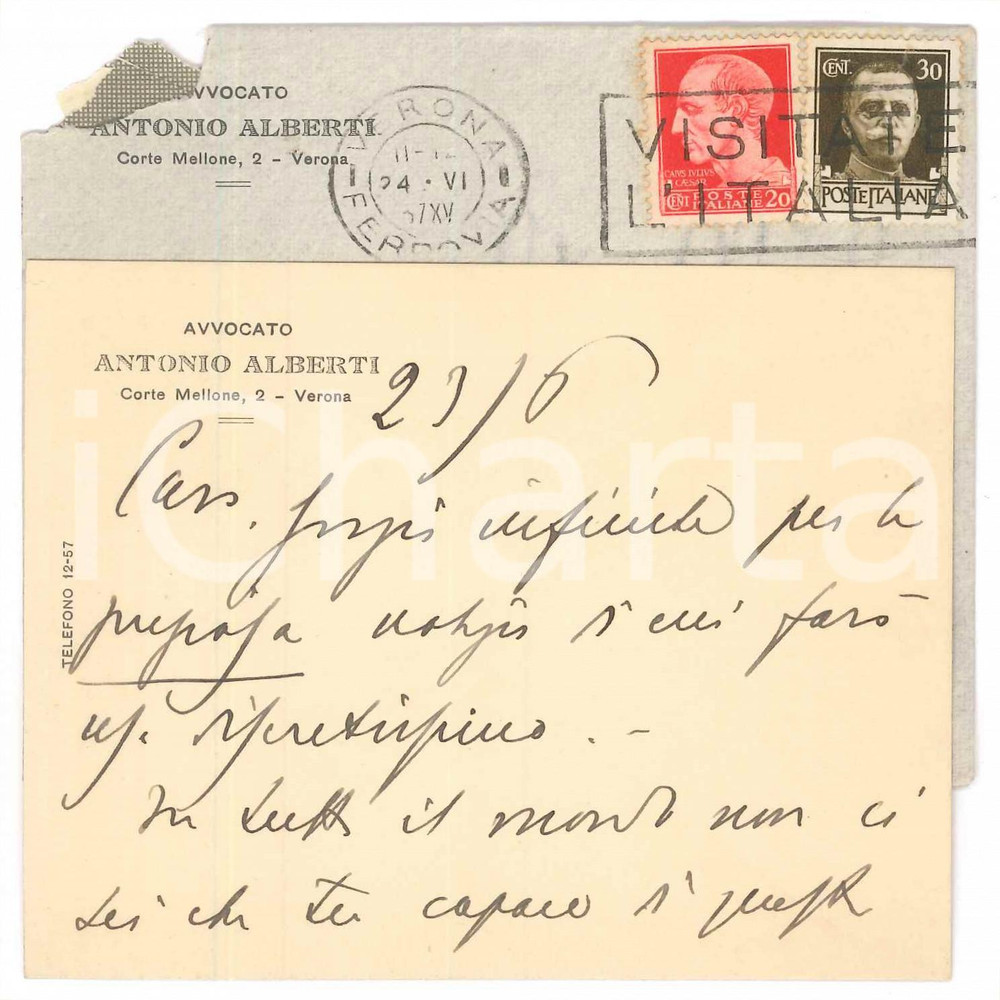 Autografo originale 1937 VERONA Biglietto avv. Antonio ALBERTI a un amico  Autografo 1
