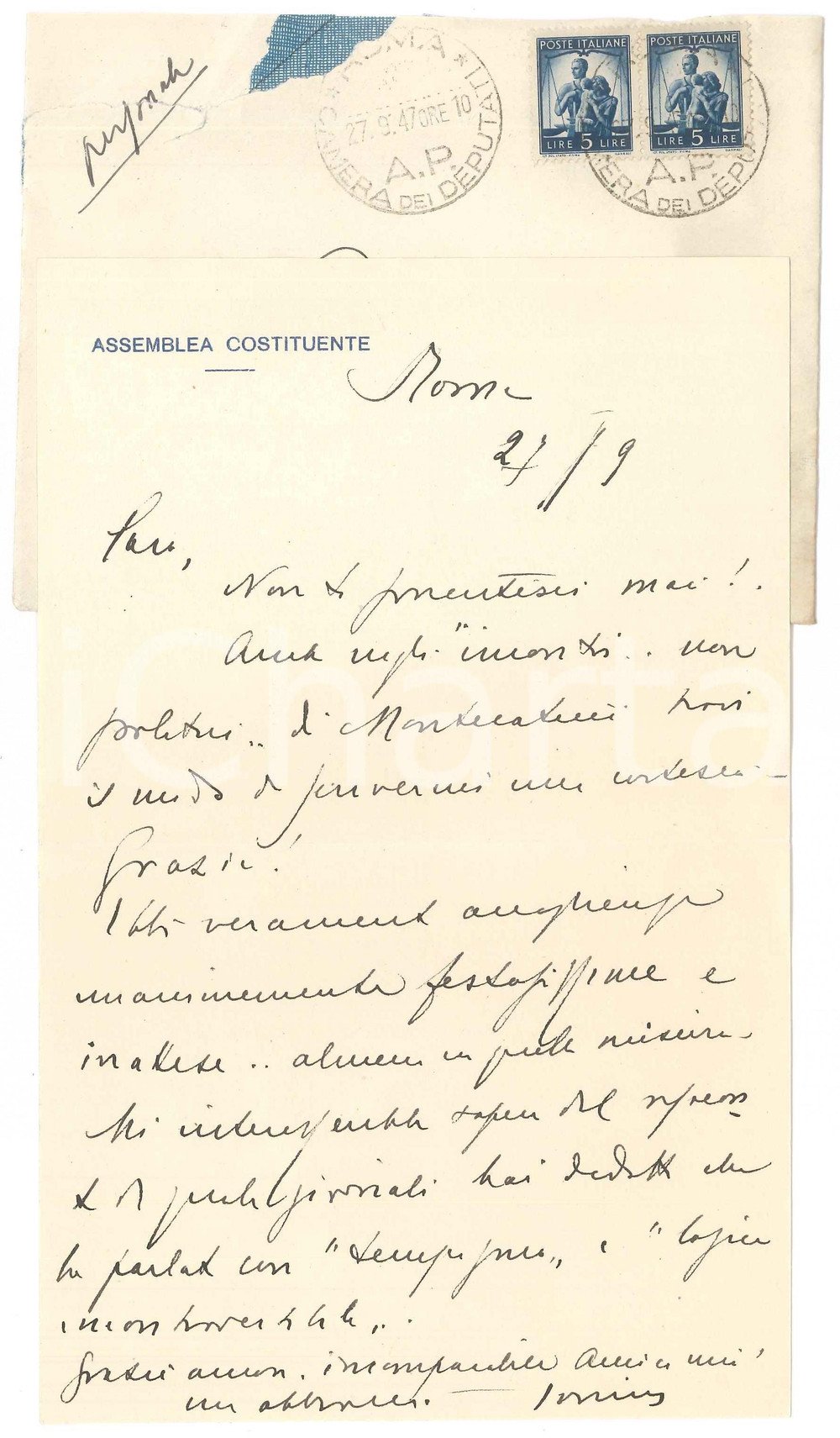 Autografo originale 1947 ROMA Assemblea Costituente  Lettera Antonio ALBERTI  AUTOGRAFO 1