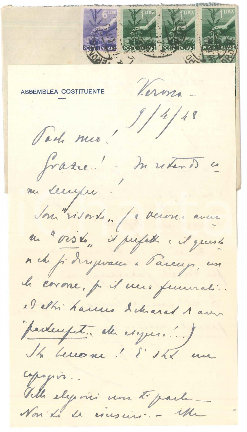 Autografo originale 1948 VERONA Lettera Antonio ALBERTI in salute e dato per morto  AUTOGRAFO 1