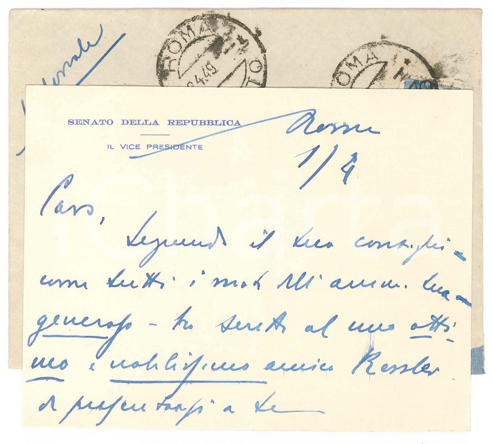 Autografo originale 1949 ROMA Senato della Repubblica   Biglietto Antonio ALBERTI  AUTOGRAFO 1