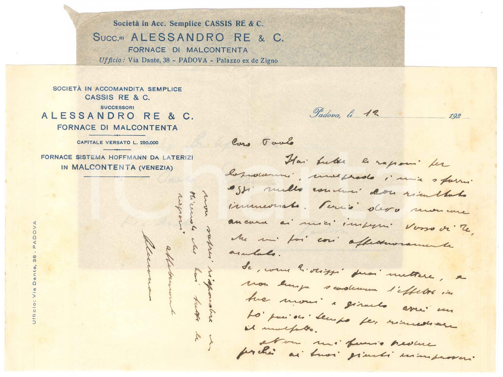 Autografo originale 1925 ca PADOVA Lettera Alessandro RE  Fornace di MALCONTENTA  Autografo 1