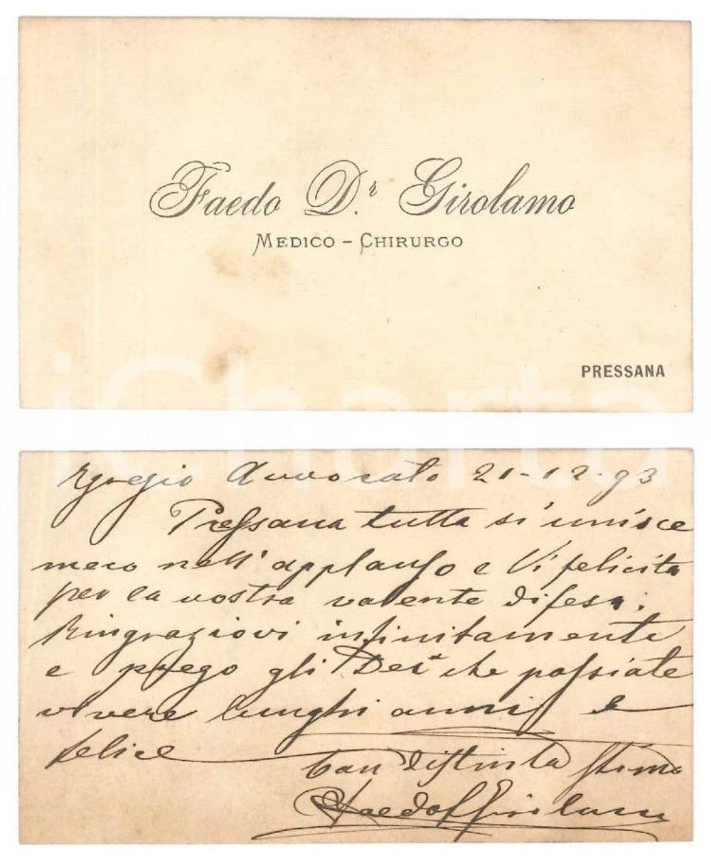 1893 PRESSANA (VR) Girolamo FAEDO medico chirurgo - Biglietto autografo
