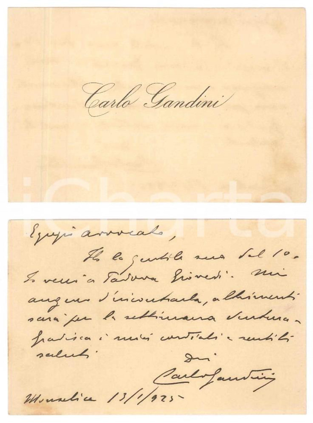 Autografo originale 1925 MONSELICE PD Carlo GANDINI  Biglietto da visita AUTOGRAFO 1