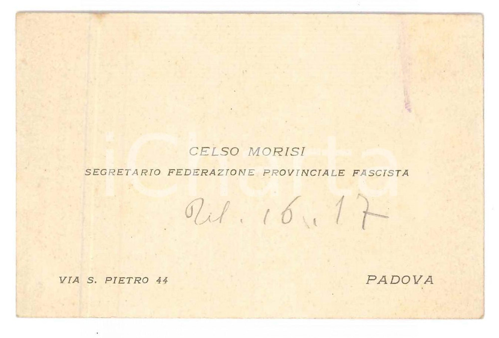 Oggetto da collezione cartaceo 1930 ca PADOVA Celso MORISI  Federazione Provinciale Fascista  Biglietto 1
