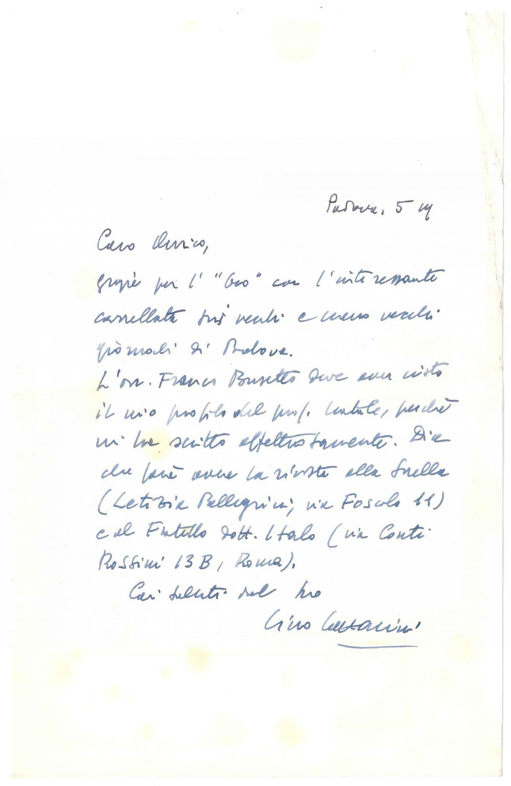 Autografo originale 1975 ca PADOVA Lino LAZZARINI  Lettera ringraziamento Autografo 1
