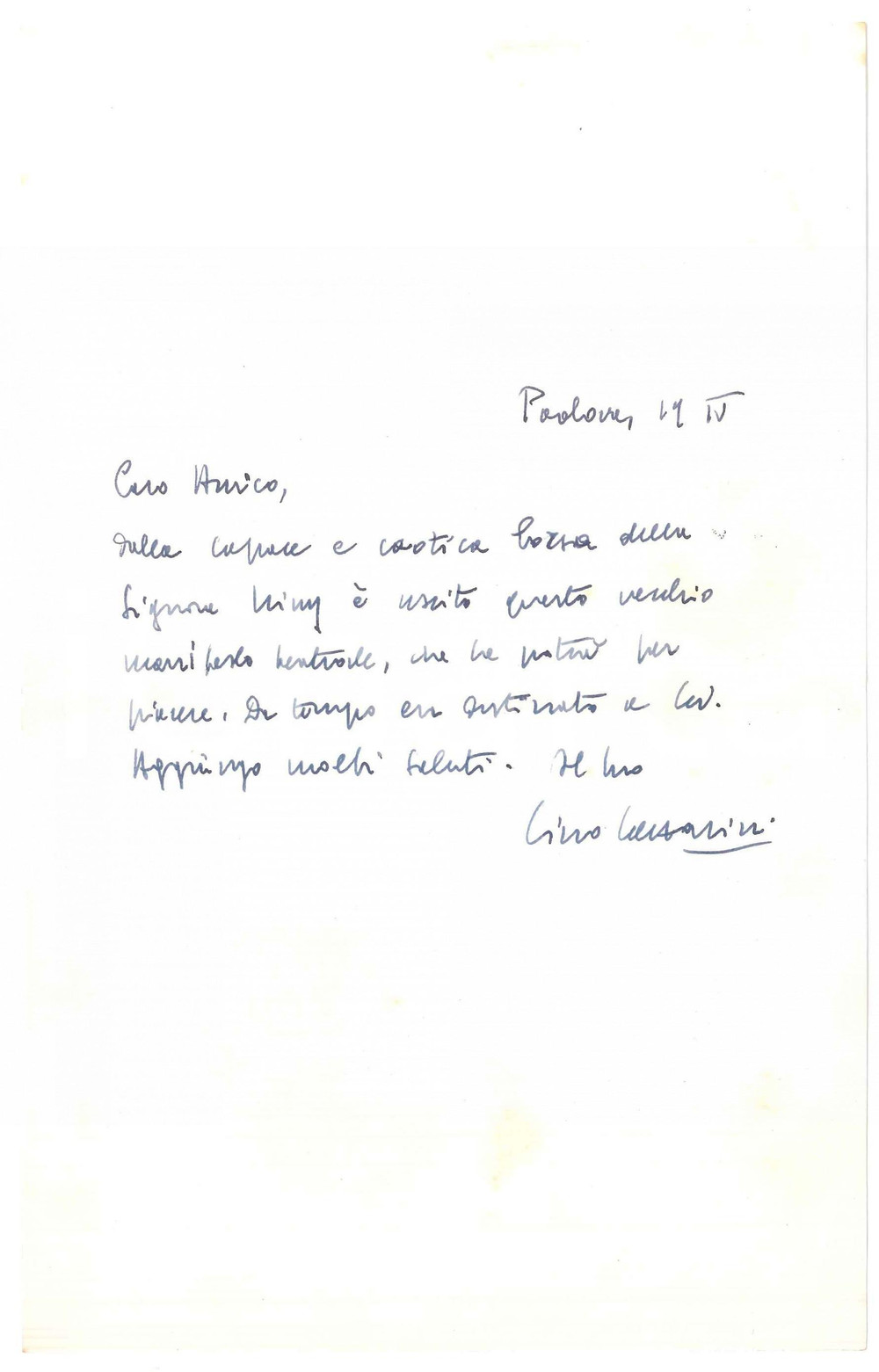 Autografo originale 1975 ca PADOVA Lino LAZZARINI  Lettera per invio manifesto Autografo 1