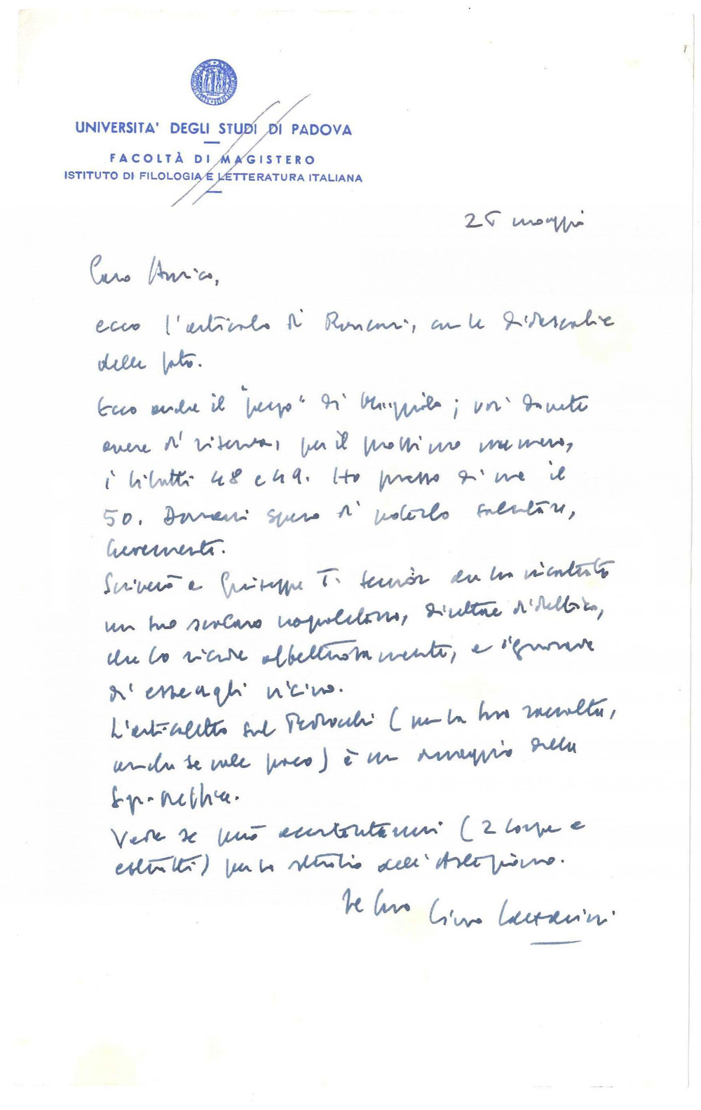 Autografo originale 1975 ca UniversitÃ  di PADOVA  Lino LAZZARINI  Lettera per articolo Autografo 1