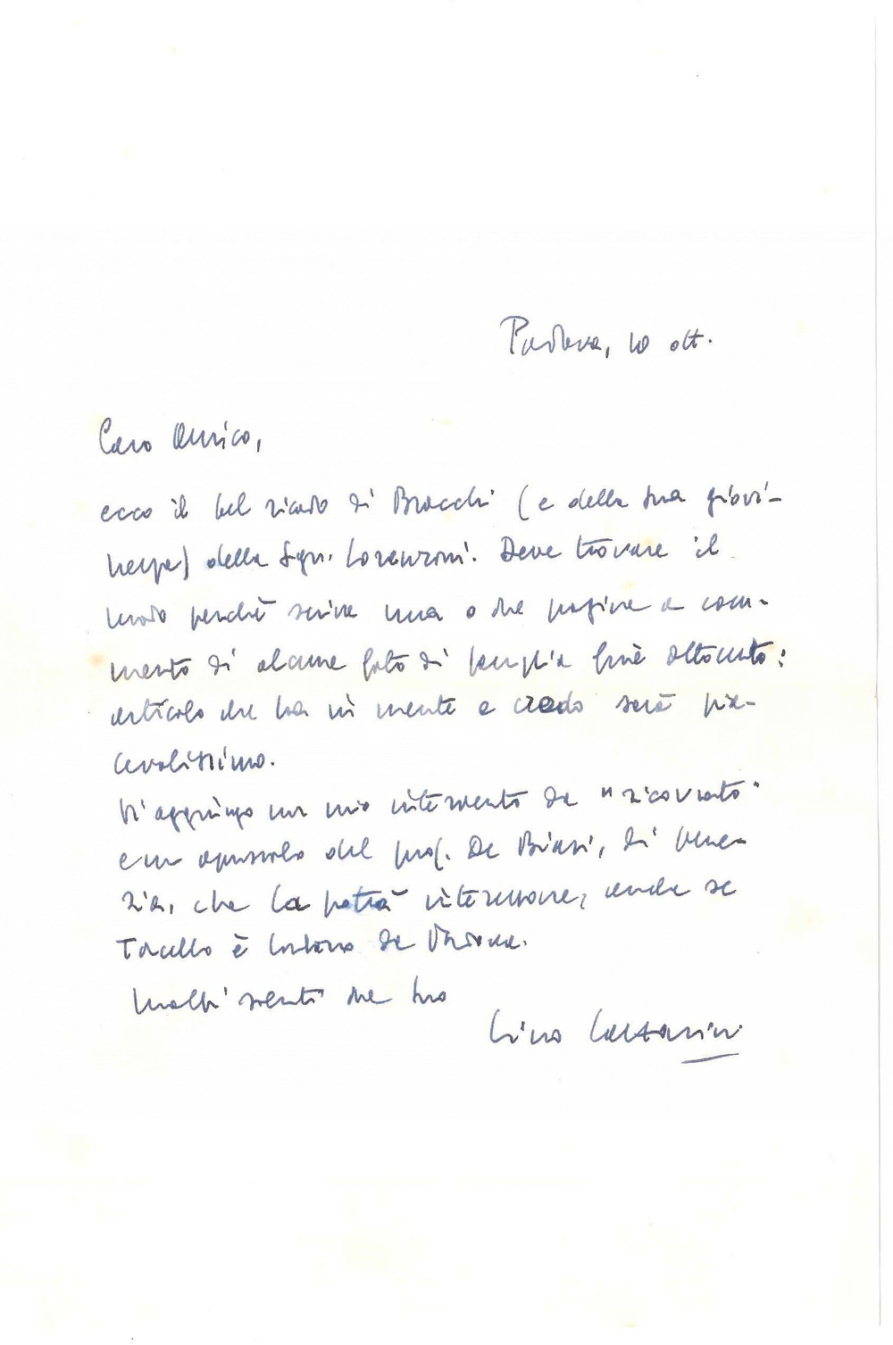 Autografo originale 1971 PADOVA Lino LAZZARINI su articolo di Cesarina Lorenzoni Autografo 1