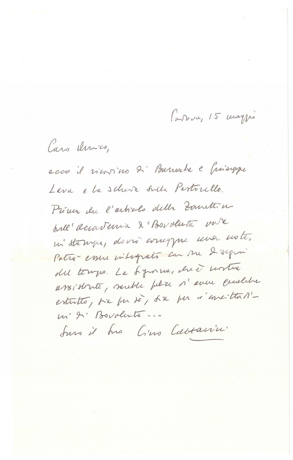 Autografo originale 1977 PADOVA Lettera Lino LAZZARINI su integrazione articolo Autografo 1