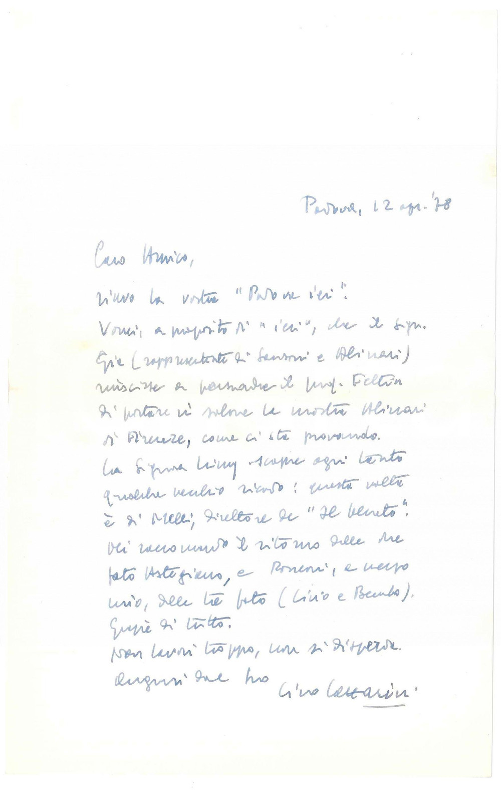 Autografo originale 1978 PADOVA Lettera Lino LAZZARINI pro mostra Alinari di Firenze Autografo 1