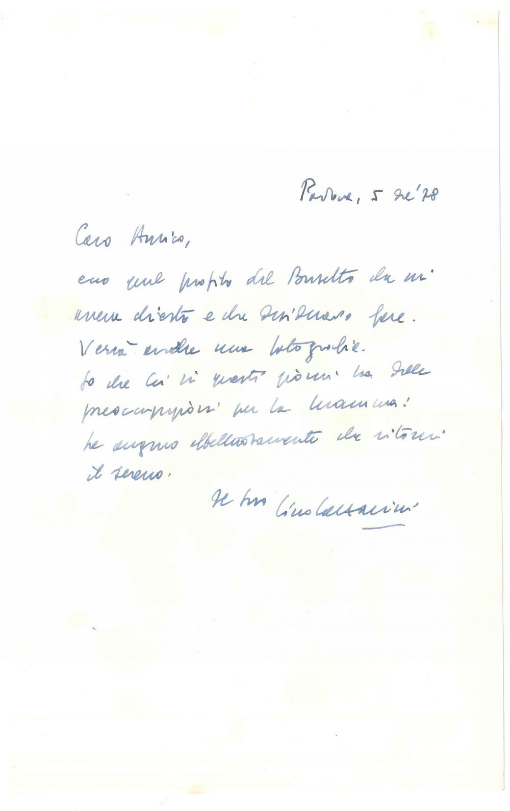 Autografo originale 1978 PADOVA Lettera Lino LAZZARINI  Auguri a un amico Autografo 1