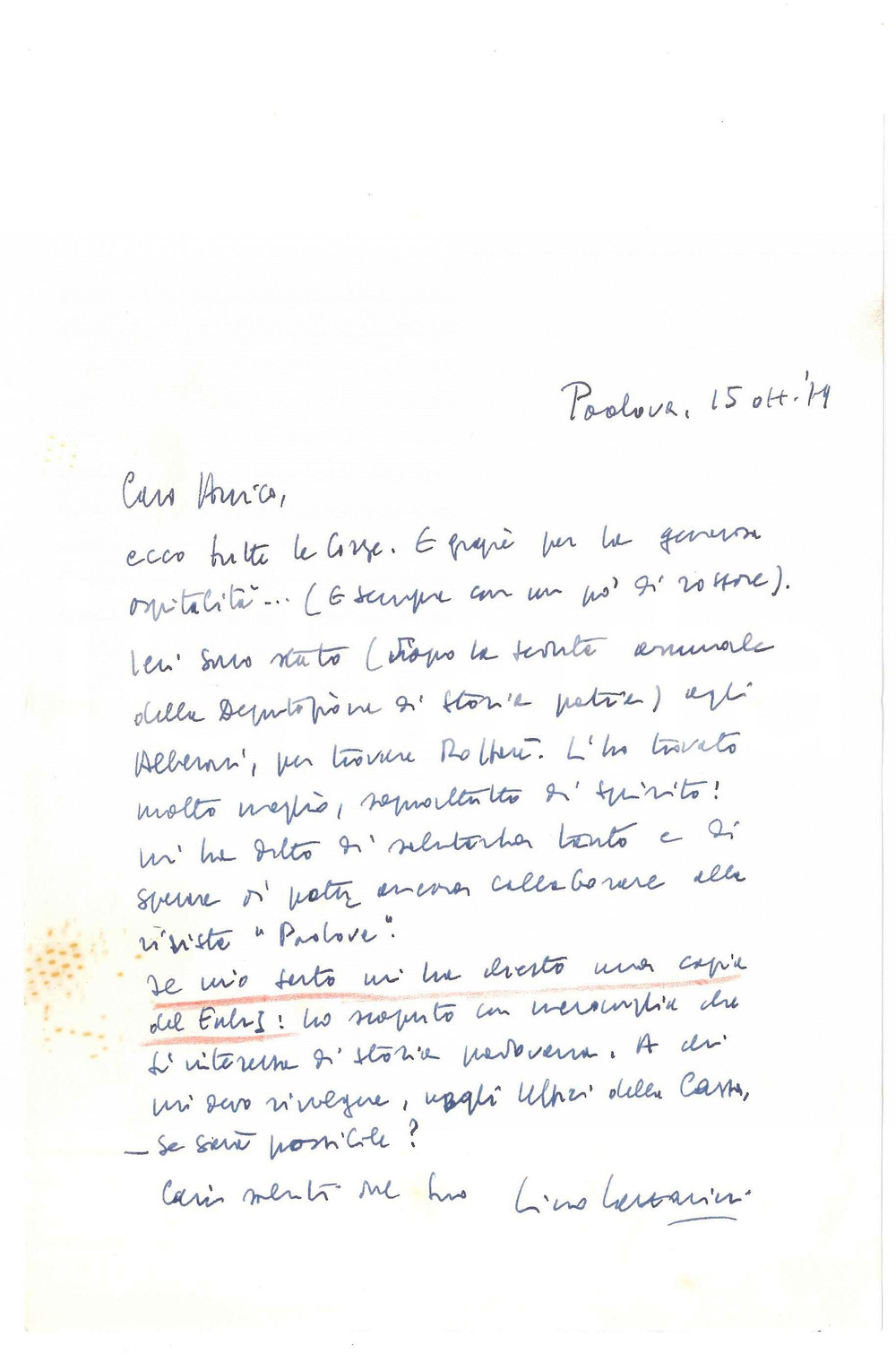 Autografo originale 1978 PADOVA Lettera Lino LAZZARINI a un amico ospitale Autografo 1