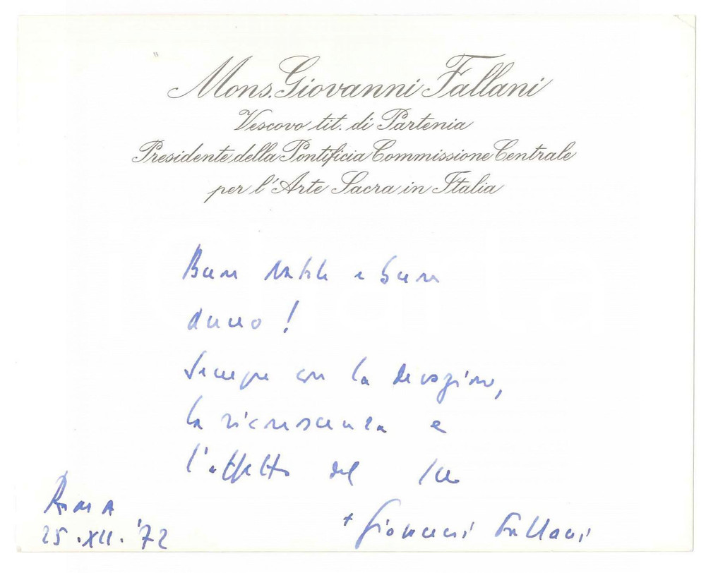 Autografo originale 1972 ROMA Mons. Giovanni FALLANI  Auguri Buon Natale AUTOGRAFO 1