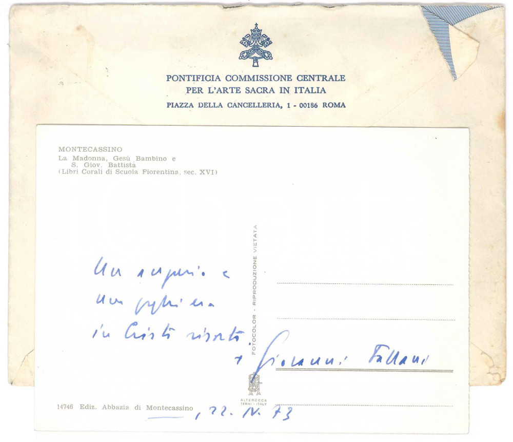 Autografo originale 1973 MONTECASSINO Mons. Giovanni FALLANI  Cartolina auguri  AUTOGRAFO 1