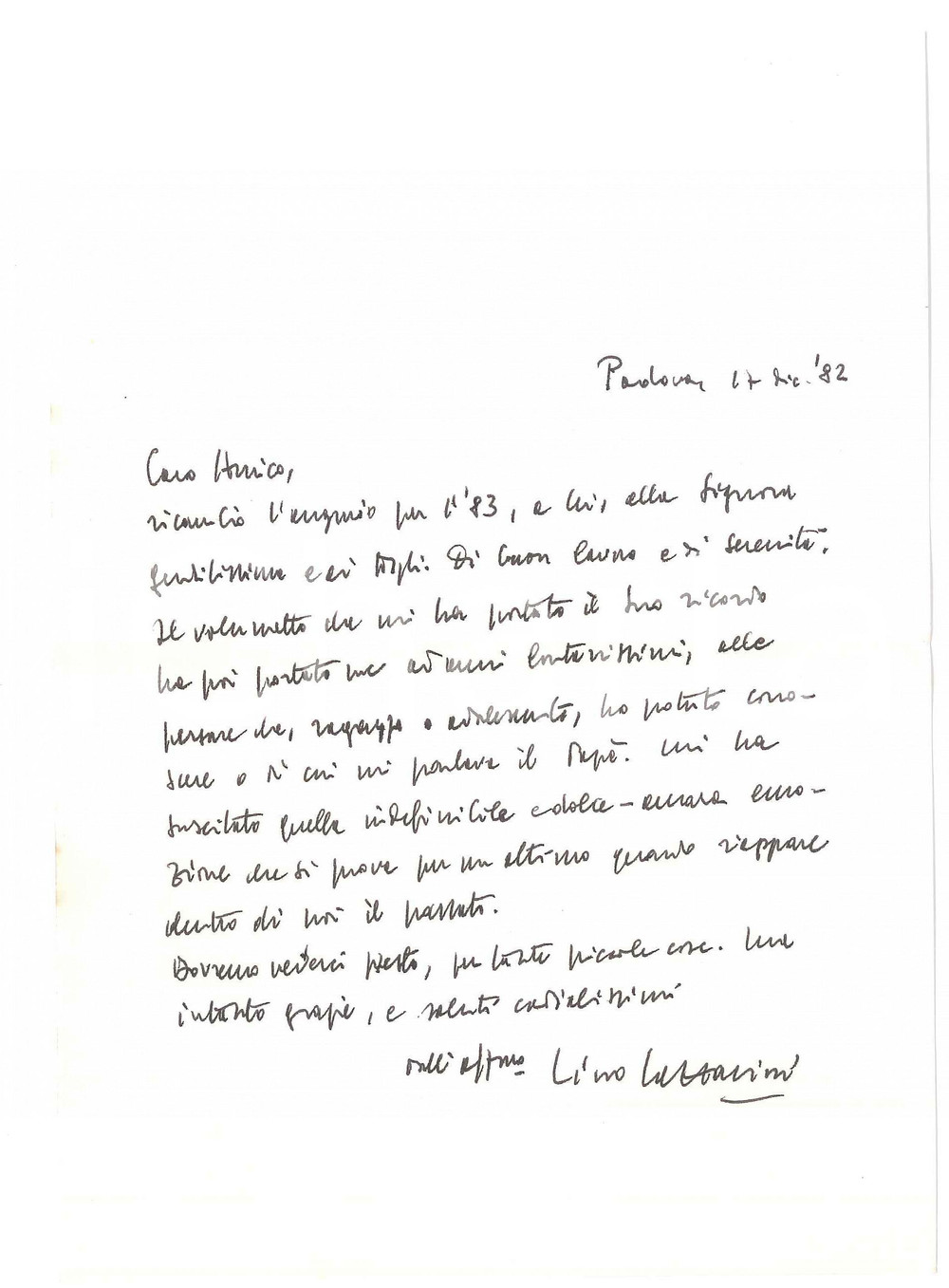 Autografo originale 1982 PADOVA Lino LAZZARINI ringrazia per un volumetto ricevuto Autografo 1