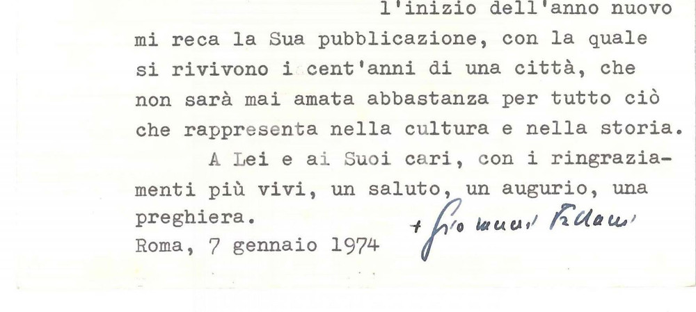 Autografo originale 1974 ROMA Mons. Giovanni FALLANI ringrazia per saggio ricevuto  AUTOGRAFO 1