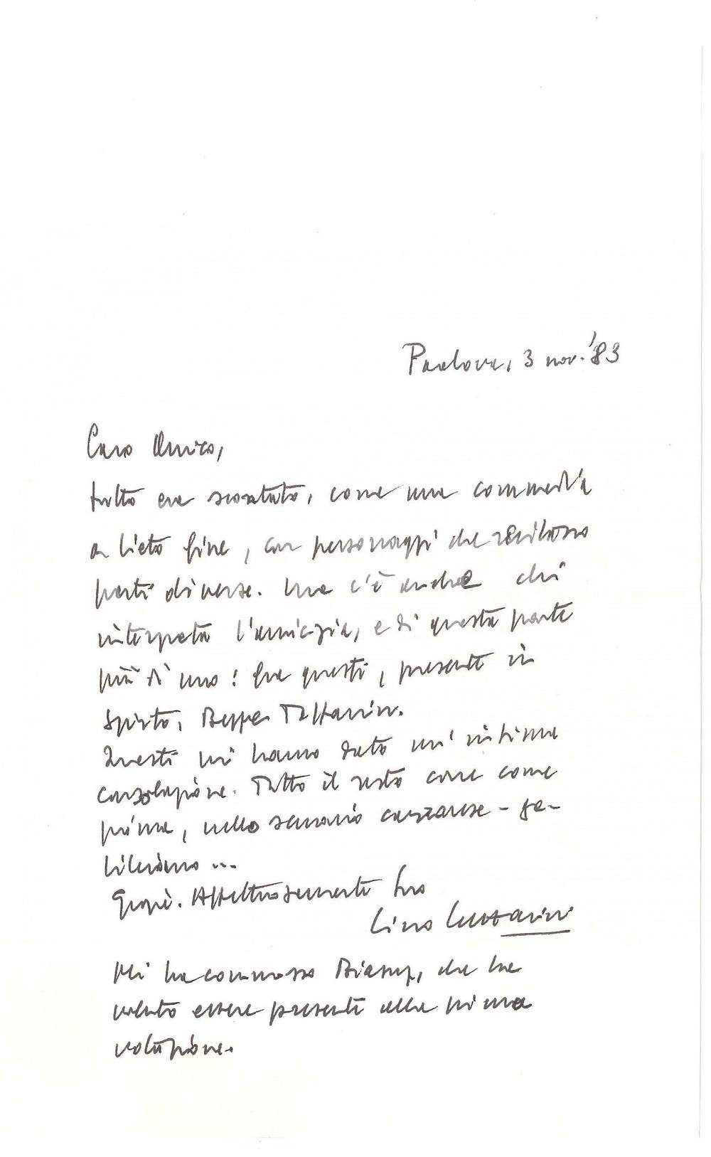 Autografo originale 1983 PADOVA Lino LAZZARINI e la consolazione dell amicizia Autografo 1