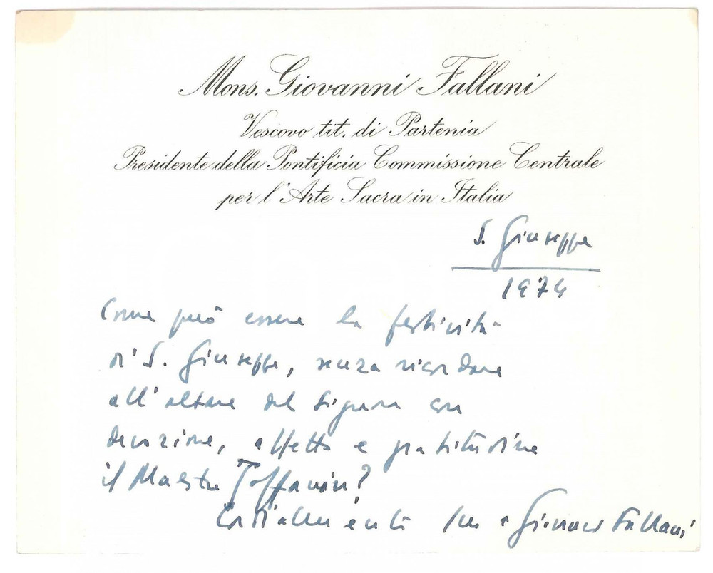 1974 ROMA Mons. Giovanni FALLANI nella festività di S. Giuseppe *AUTOGRAFO