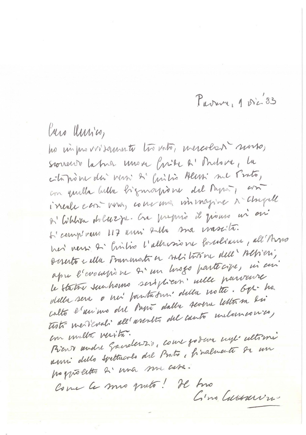 Autografo originale 1983 PADOVA Lino LAZZARINI e una citazione ritrovata sulla cittÃ  Autografo 1