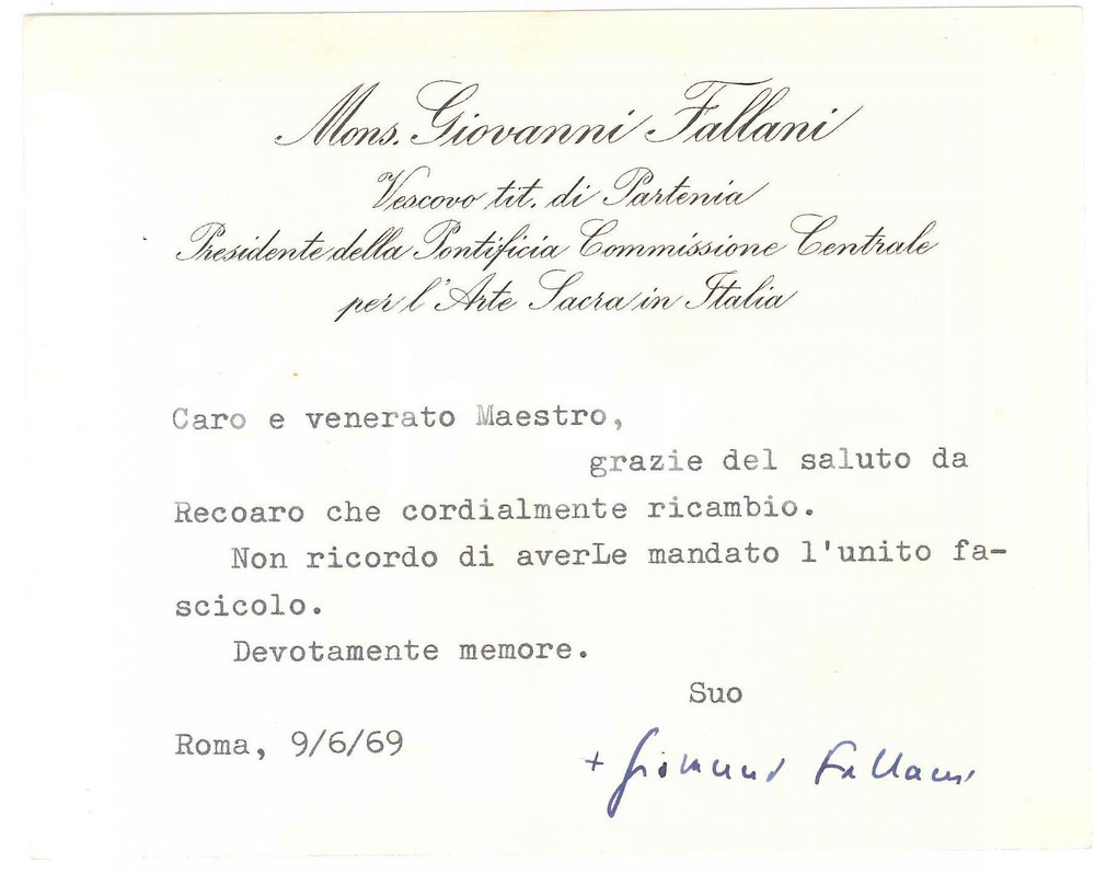 Autografo originale 1969 ROMA Mons. Giovanni FALLANI vescovo Partenia  Biglietto AUTOGRAFO 1