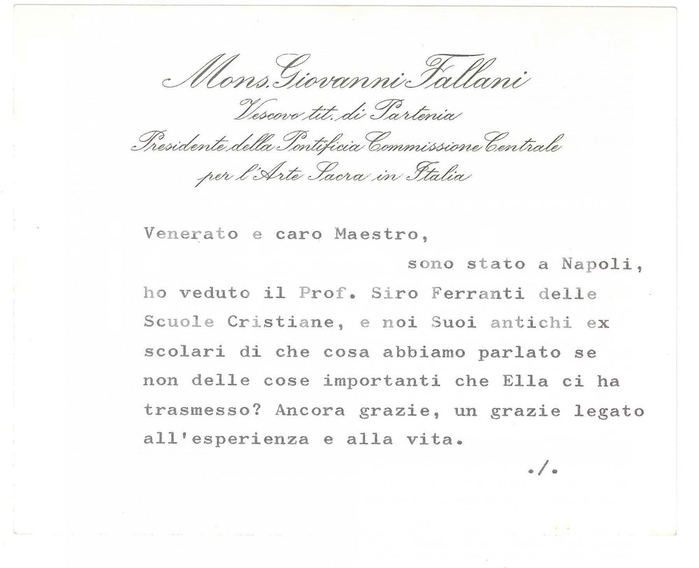 Autografo originale 1976 ROMA Mons. Giovanni FALLANI incontra Siro Ferranti  Biglietto autografo 1