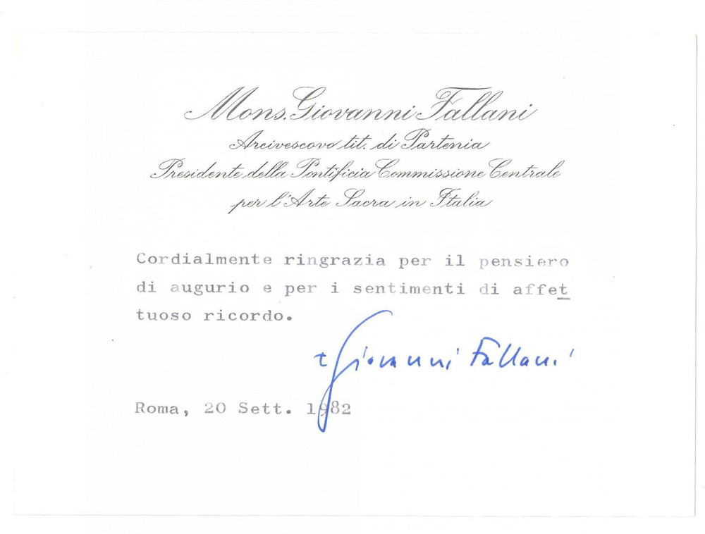 Autografo originale 1982 ROMA Mons. Giovanni FALLANI  Auguri  Biglietto autografo 1