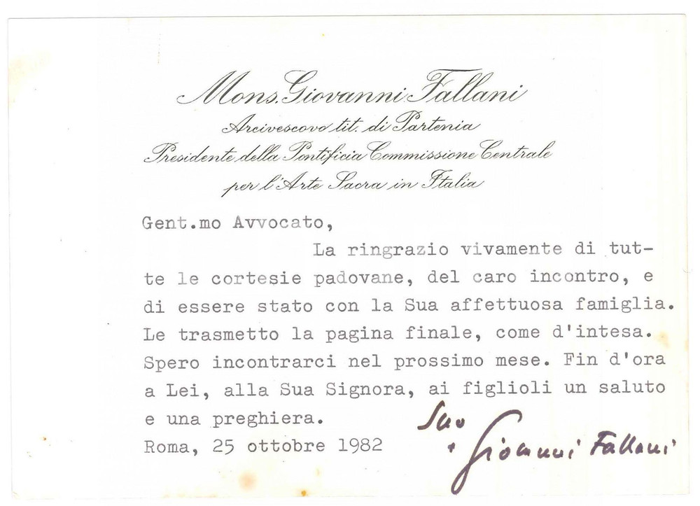 Autografo originale 1982 ROMA Mons. Giovanni FALLANI ringrazia per ospitalitÃ  Biglietto AUTOGRAFO 1