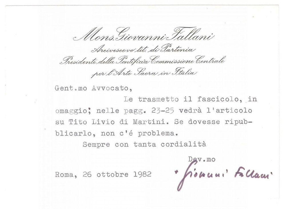 Autografo originale 1982 ROMA Mons. Giovanni FALLANI  Fascicolo in omaggio Biglietto autografo 1