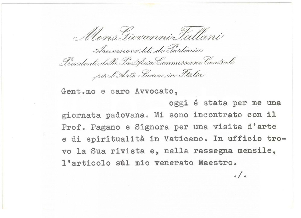 Autografo originale 1983 ROMA Mons. Giovanni FALLANI  Giornata padovana Biglietto autografo 1