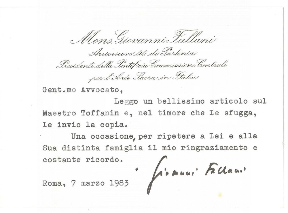 Autografo originale 1983 ROMA Mons. Giovanni FALLANI  Invio articolo Biglietto autografo 1