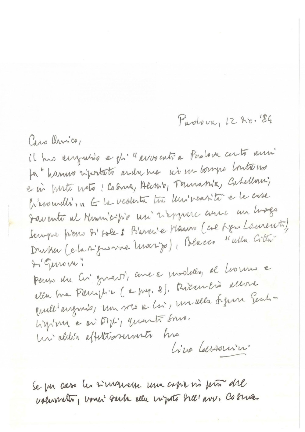Autografo originale 1984 PADOVA Lettera Lino LAZZARINI su pubblicazione ricevuta Autografo 1