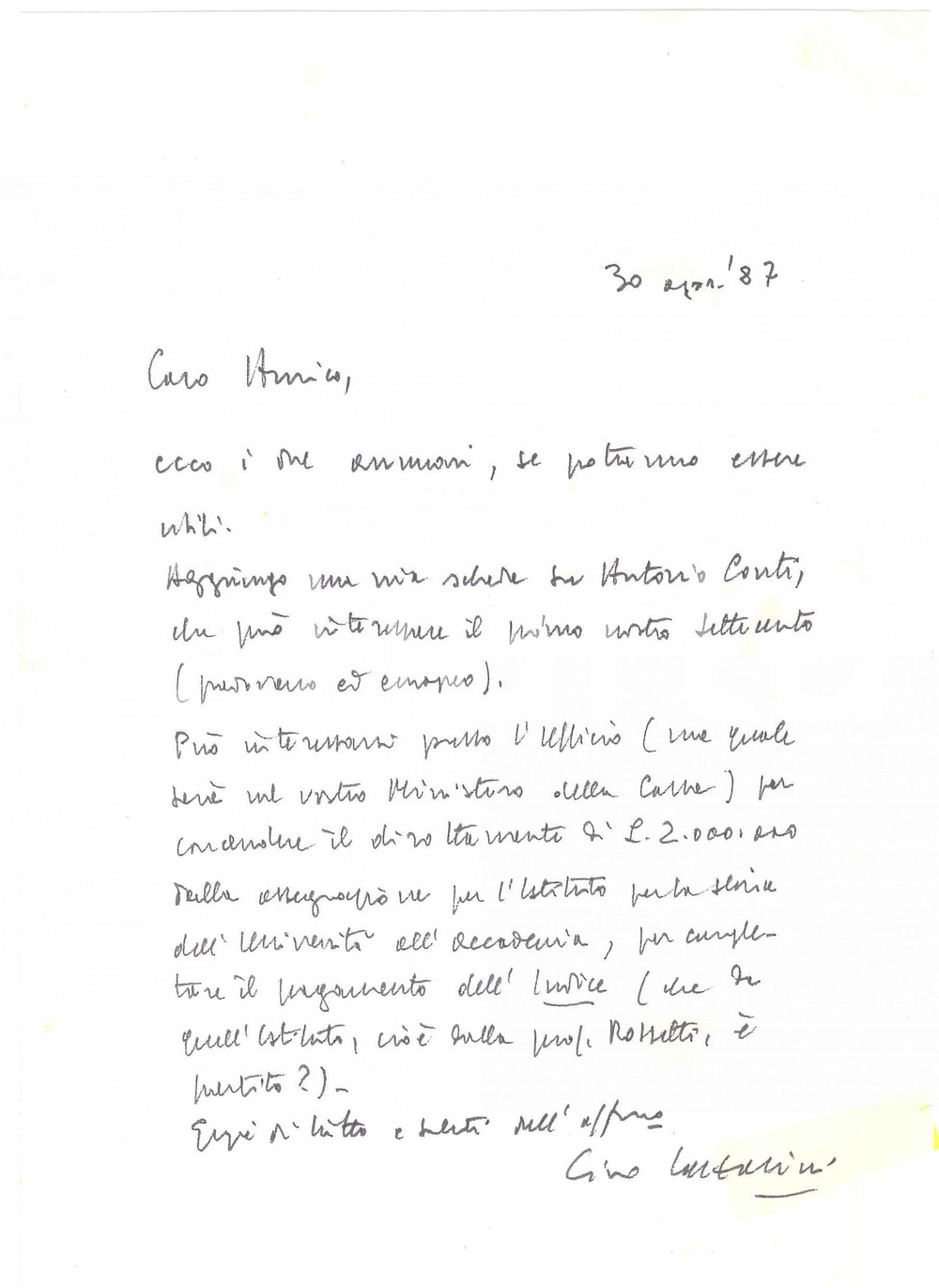 Autografo originale 1987 PADOVA Lettera Lino LAZZARINI su finanziamenti istituto Autografo 1