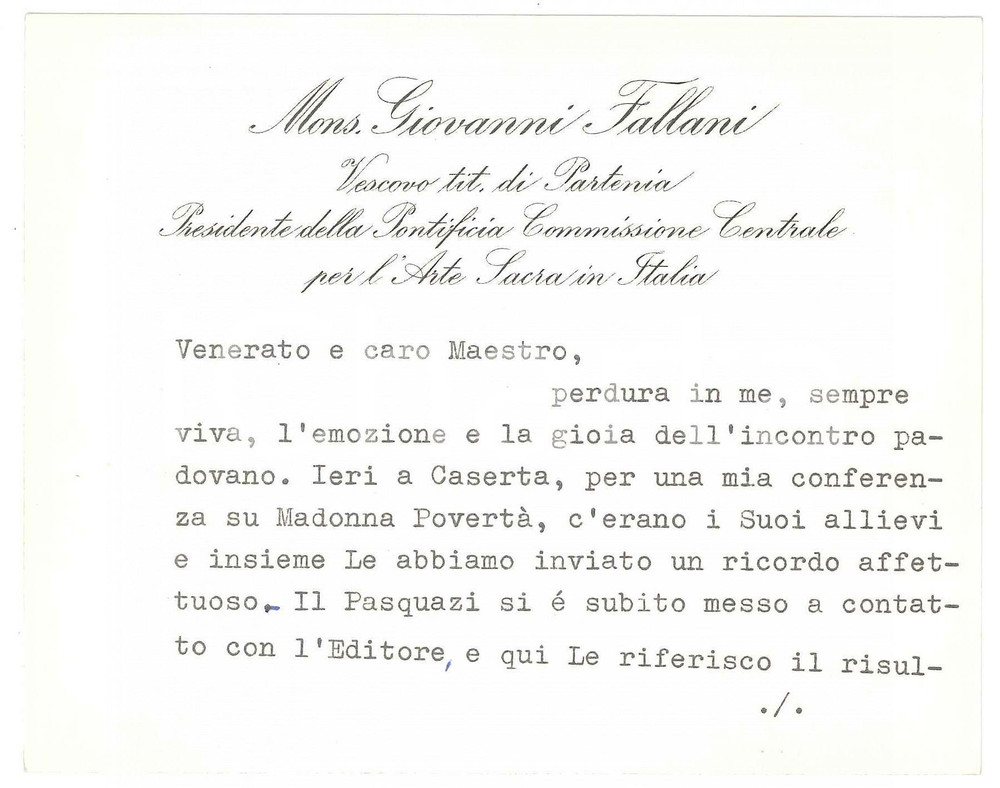 Autografo originale 1970 ca ROMA Mons. Giovanni FALLANI a Caserta per una conferenza  AUTOGRAFO 1