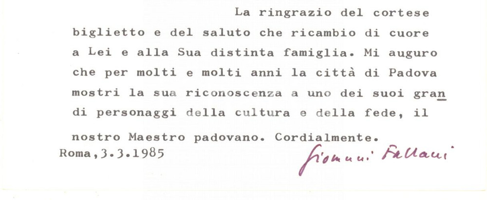 Autografo originale 1985 ROMA Biglietto don Giovanni FALLANI per ringraziamento  Autografo 1