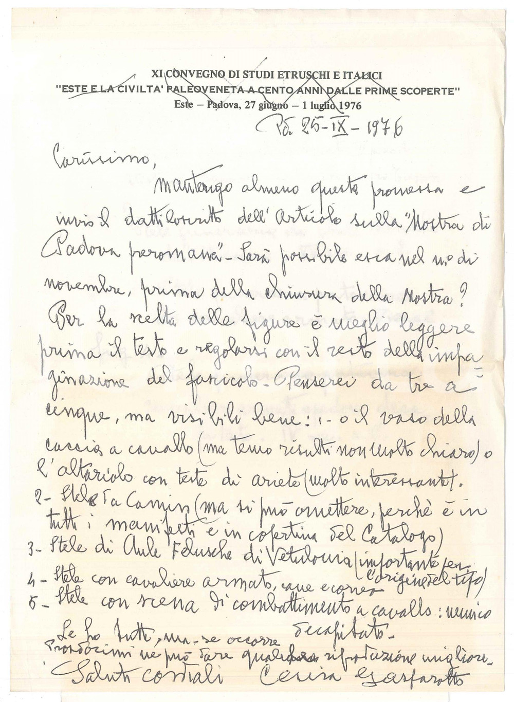 1976 PADOVA Cesira GASPAROTTO su articolo per mostra preromana - AUTOGRAFO