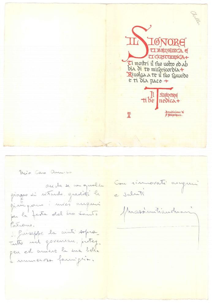 Autografo originale 1970 ca Fra Massimiliano CHILIN  Biglietto benedizione S. Francesco  AUTOGRAFO 1