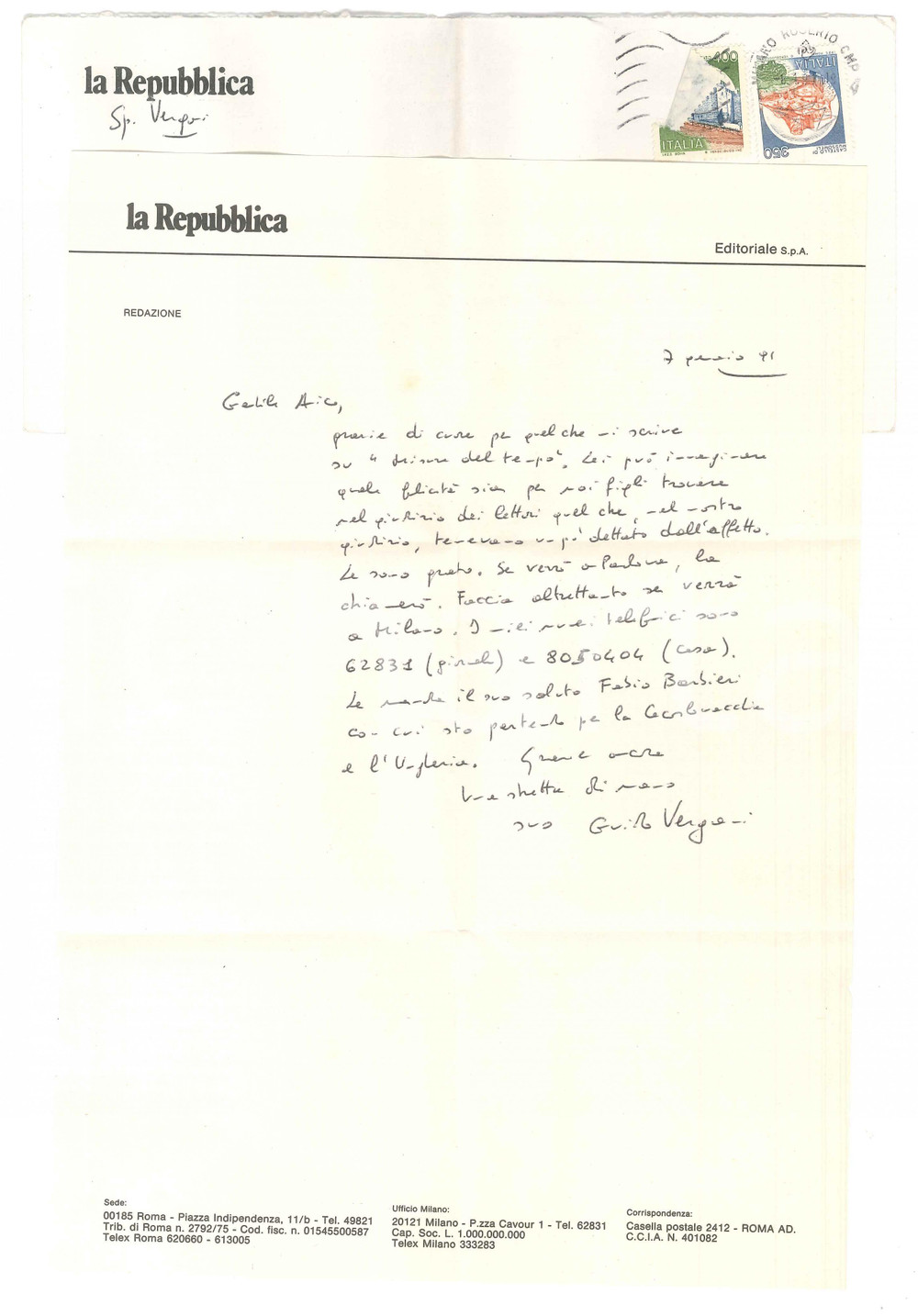 Autografo originale 1991 MILANO  LA REPUBBLICA  Lettera Guido VERGANI  AUTOGRAFO 1
