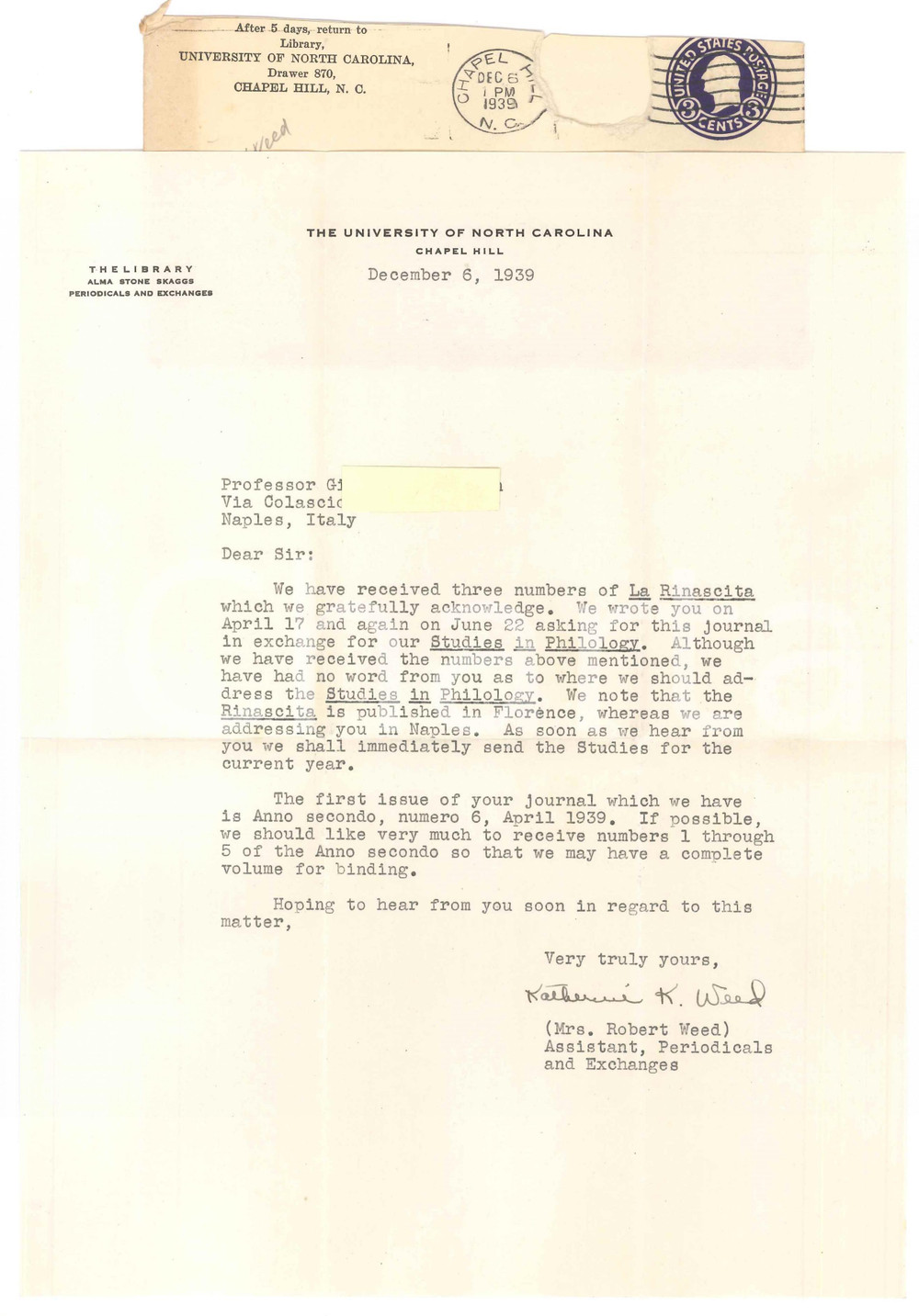 Manoscritto, lettera originale 1939 University of NORTH CAROLINA  CHAPEL HILL  Letter Katherine WEED 1