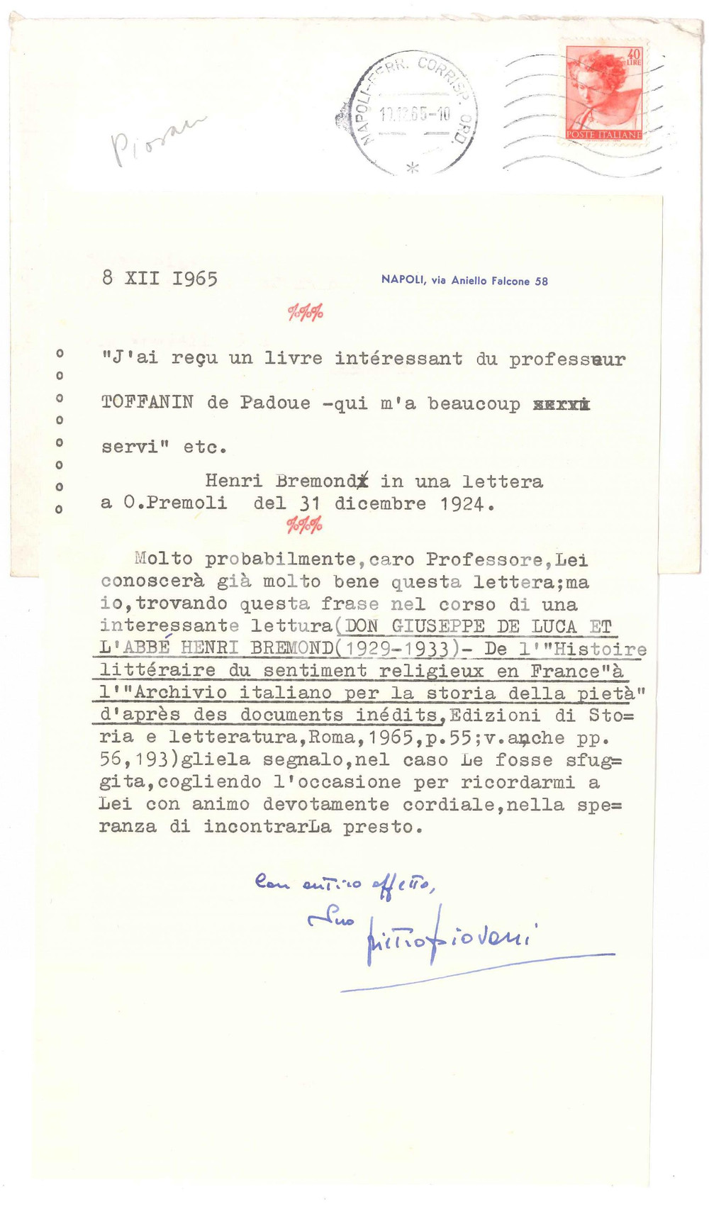 Autografo originale 1965 NAPOLI Lettera Pietro PIOVANI per frase Henri BrÃ©mond  AUTOGRAFO 1