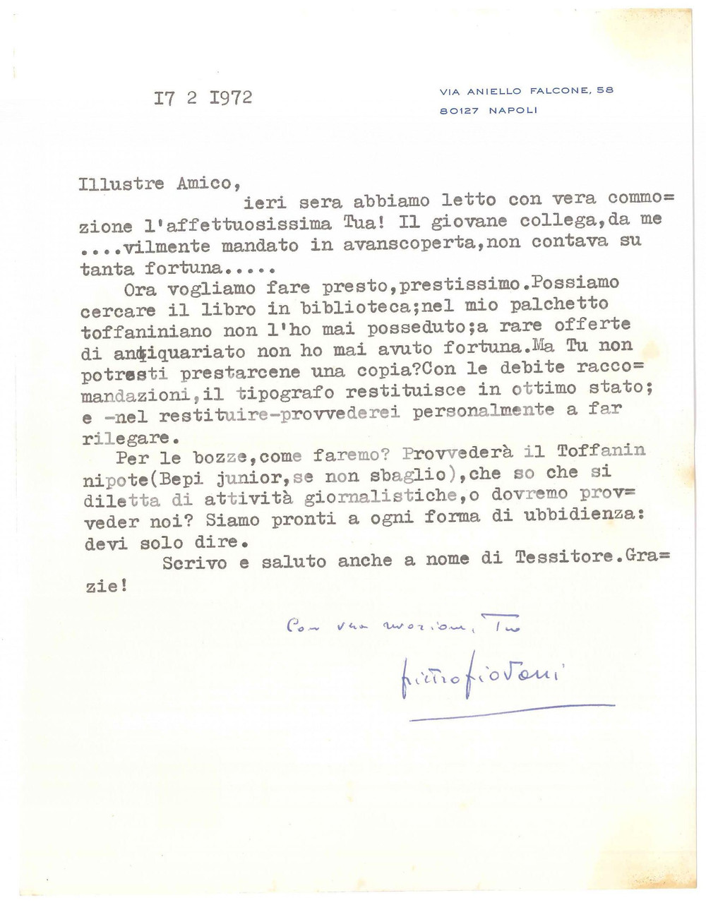 Autografo originale 1972 NAPOLI Lettera Pietro PIOVANI per richiesta di un libro  AUTOGRAFO 1